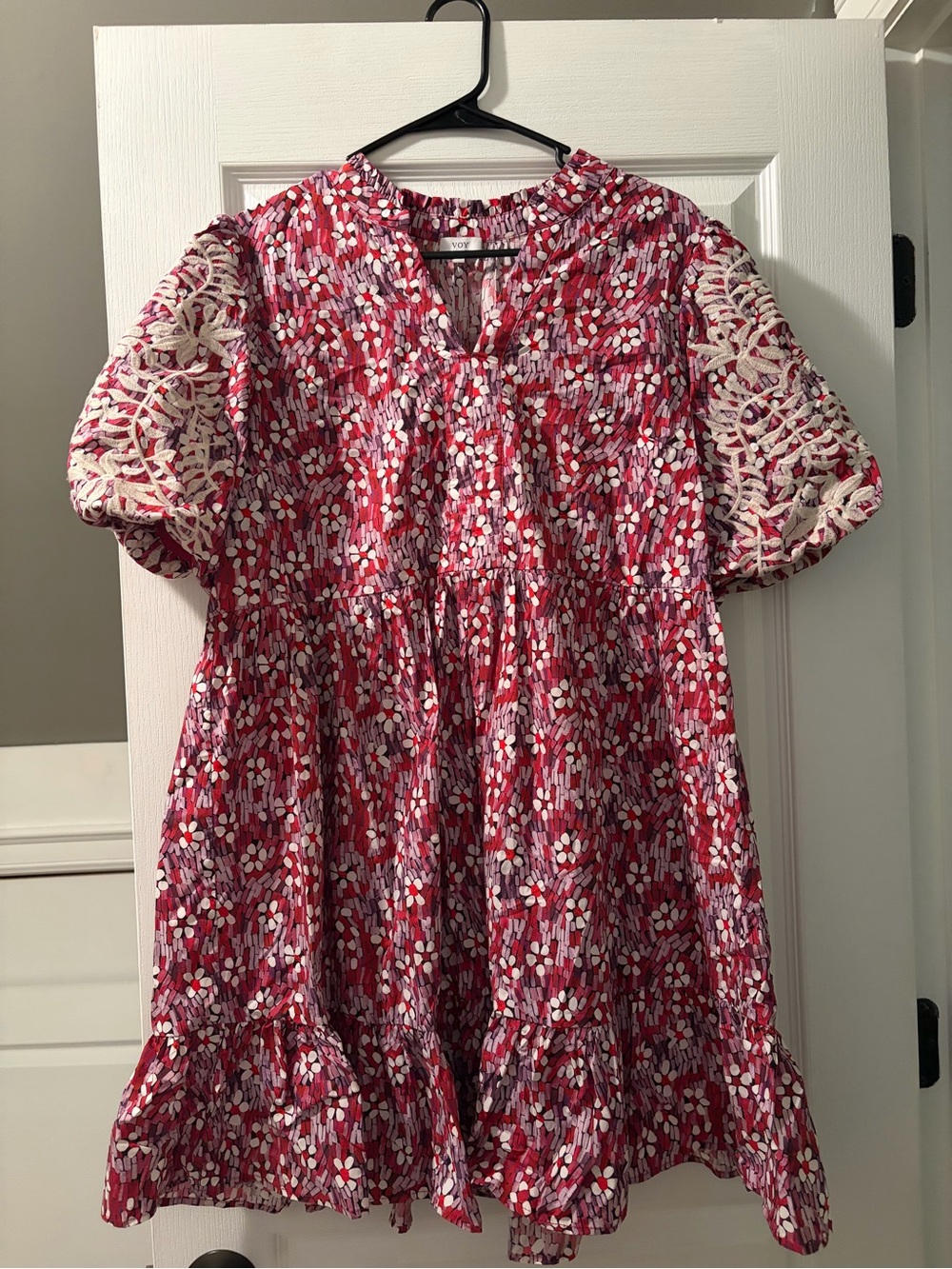 Red Floral Puff-Sleeve V-Neck Dress with Cream Lace Sleeves